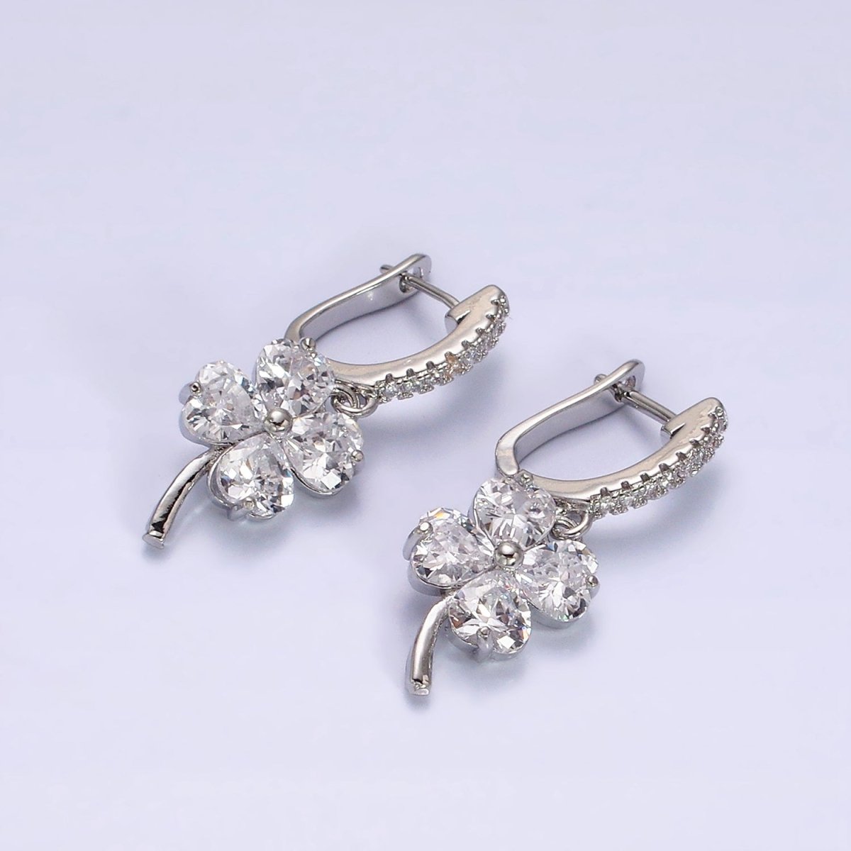 Beautiful Gold-Filled Clear Clover Quatrefoil Leaf Drop Micro Pave English Lock Earrings in Gold & Silver