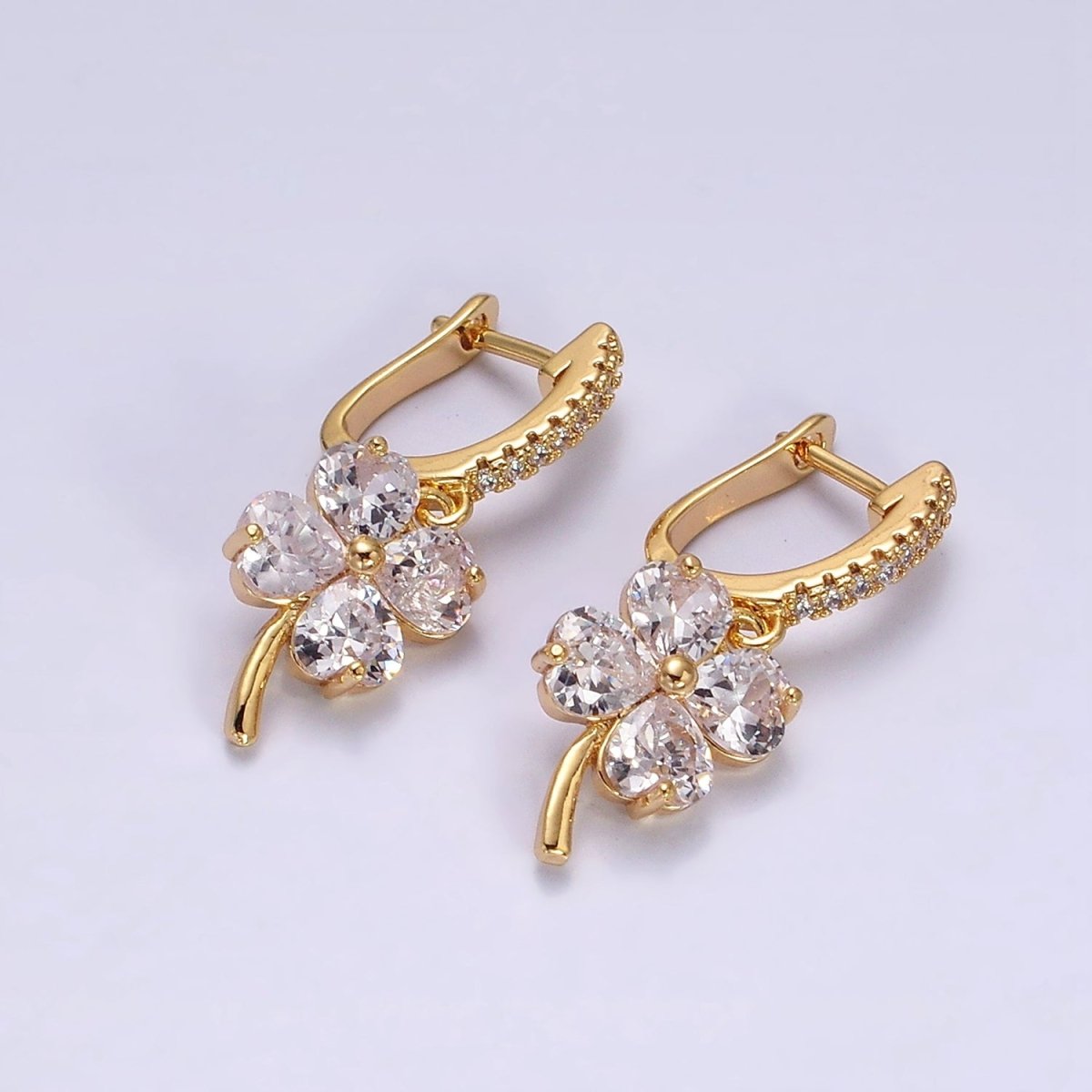 Beautiful Gold-Filled Clear Clover Quatrefoil Leaf Drop Micro Pave English Lock Earrings in Gold & Silver