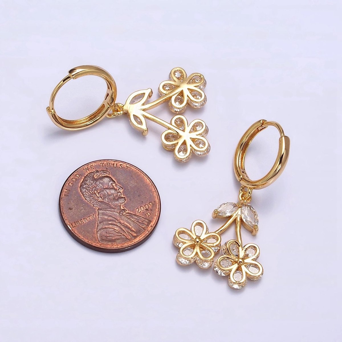 16K Gold Filled Clear CZ Cherry Flower Drop Huggie Earrings