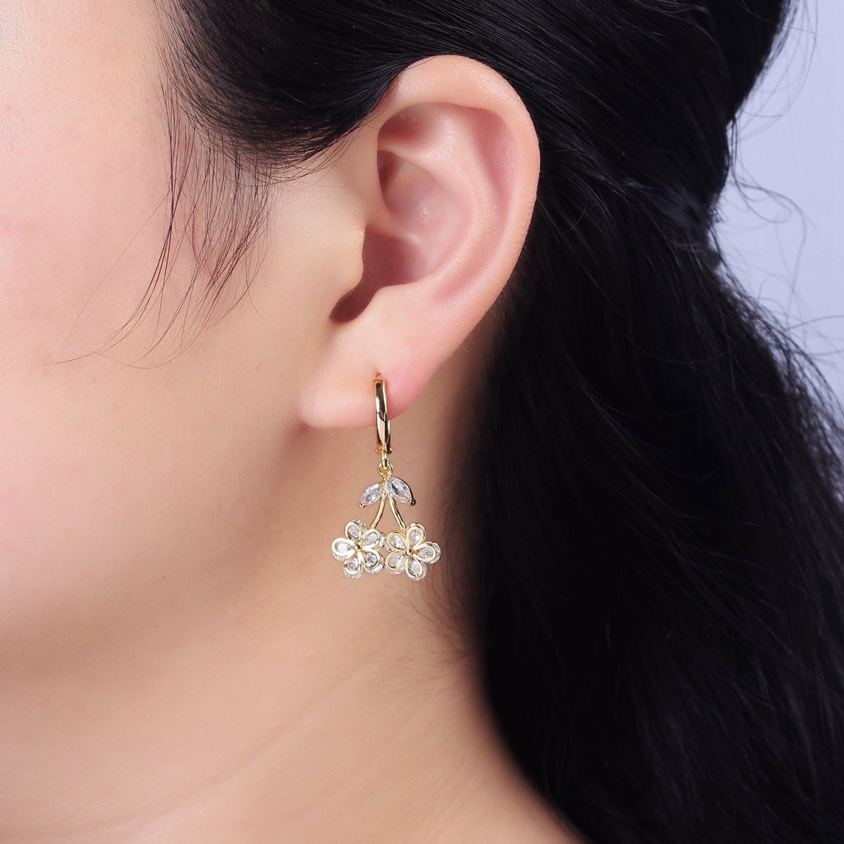 16K Gold Filled Clear CZ Cherry Flower Drop Huggie Earrings