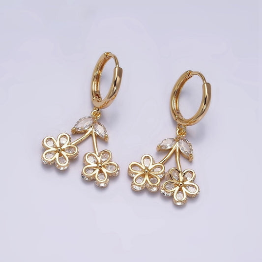 16K Gold Filled Clear CZ Cherry Flower Drop Huggie Earrings