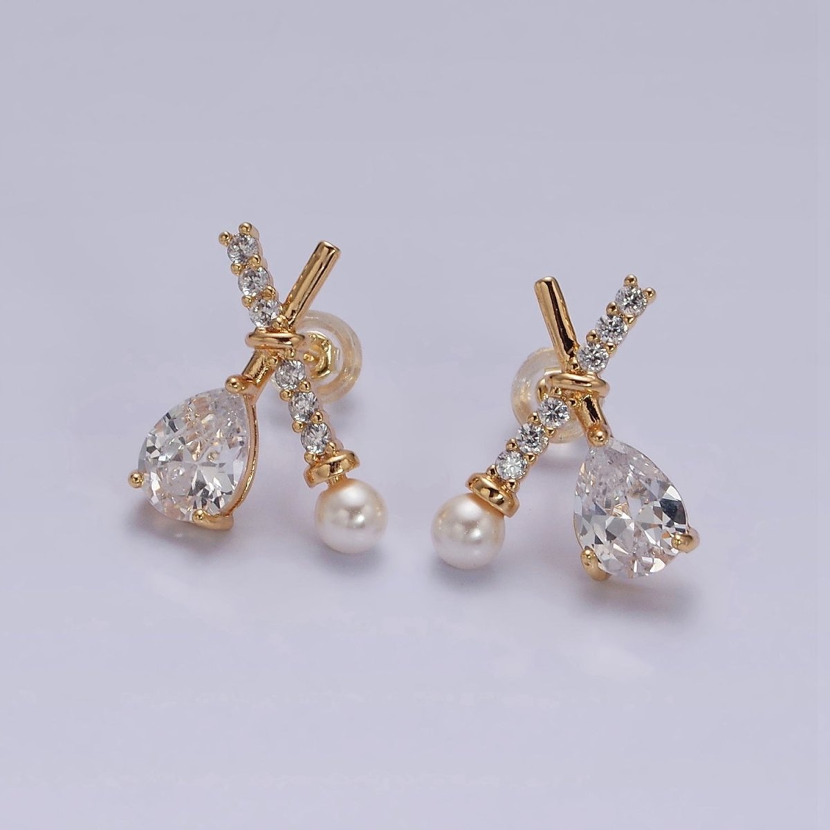 16K Gold Filled Clear CZ Micro Paved X Claw Double Band Stud Earrings
