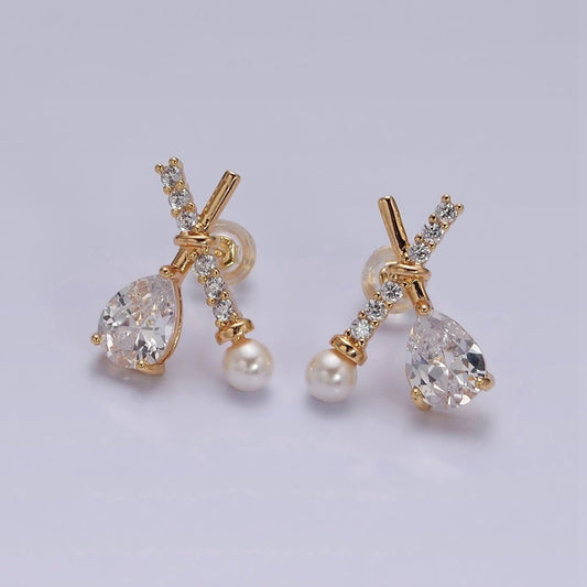 16K Gold Filled Clear CZ Micro Paved X Claw Double Band Stud Earrings