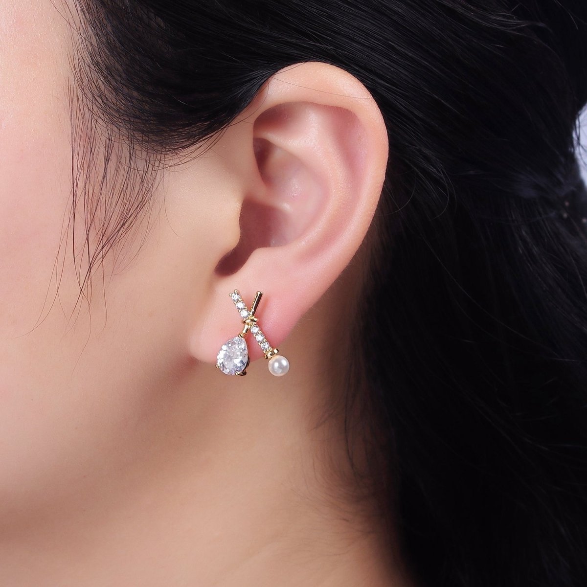 16K Gold Filled Clear CZ Micro Paved X Claw Double Band Stud Earrings
