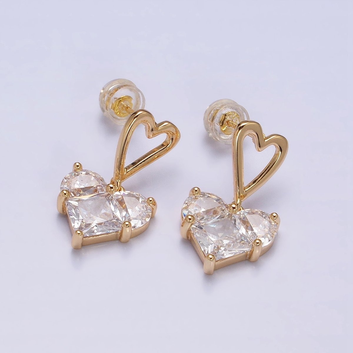 Everyday Gold-Filled Clear, Green, Pink, Blue, Purple, Red CZ Pixel Heart Drop Stud Earrings in Gold or Silver