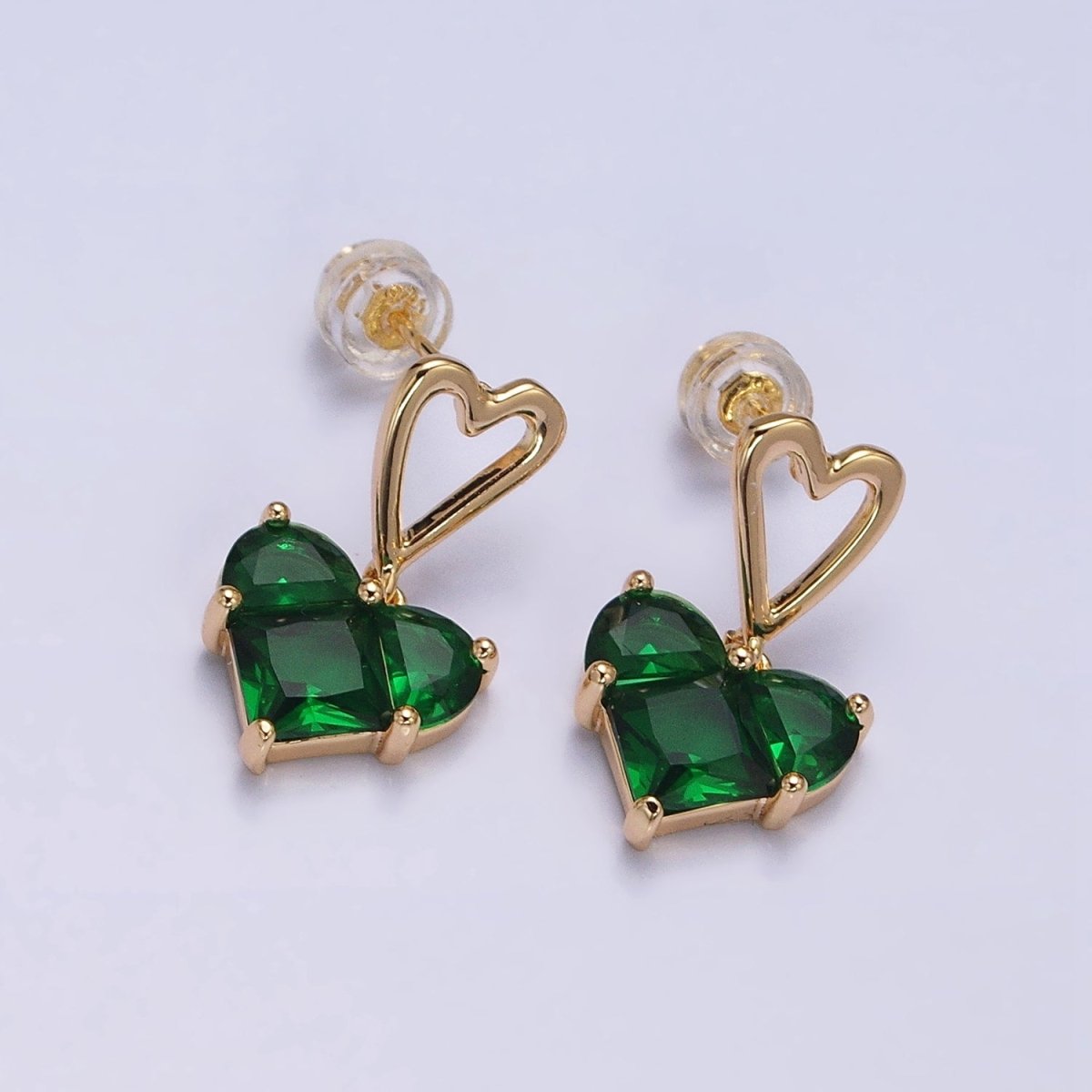Everyday Gold-Filled Clear, Green, Pink, Blue, Purple, Red CZ Pixel Heart Drop Stud Earrings in Gold or Silver