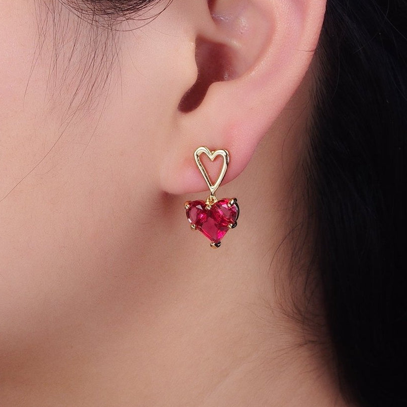 Everyday Gold-Filled Clear, Green, Pink, Blue, Purple, Red CZ Pixel Heart Drop Stud Earrings in Gold or Silver