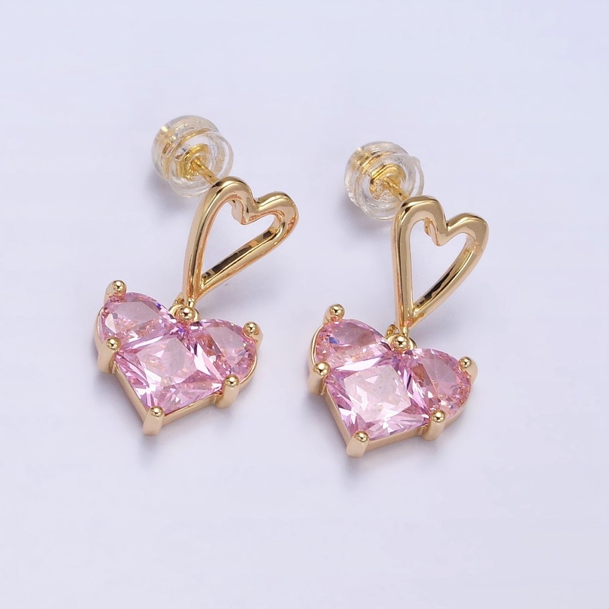 Everyday Gold-Filled Clear, Green, Pink, Blue, Purple, Red CZ Pixel Heart Drop Stud Earrings in Gold or Silver