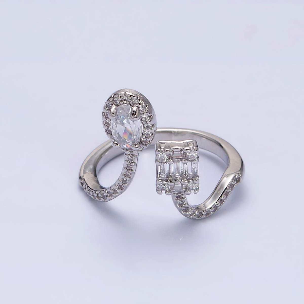 16K Gold Filled Clear Oval Square Baguette Micro Pave CZ Open Ring in Gold & Silver
