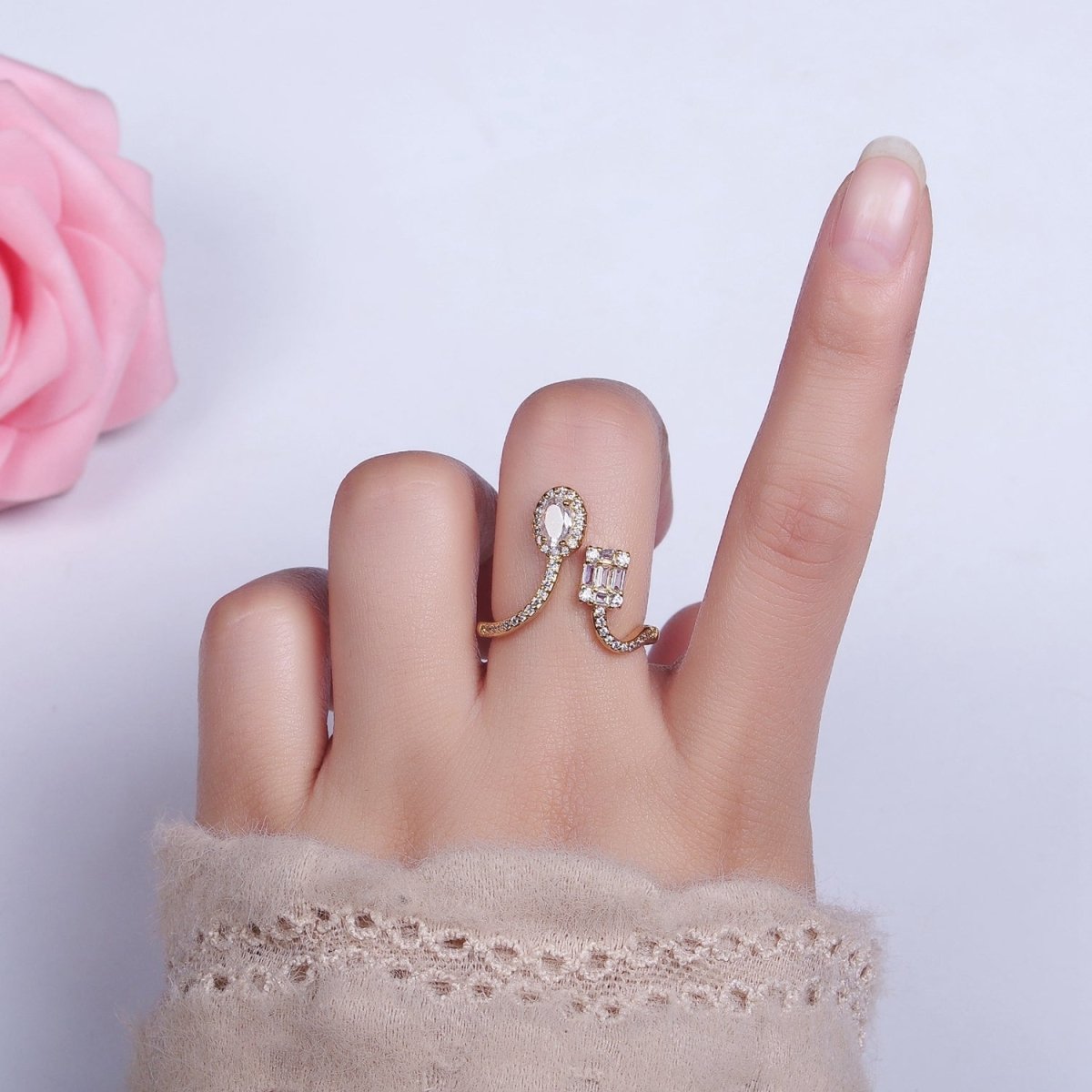 16K Gold Filled Clear Oval Square Baguette Micro Pave CZ Open Ring in Gold & Silver
