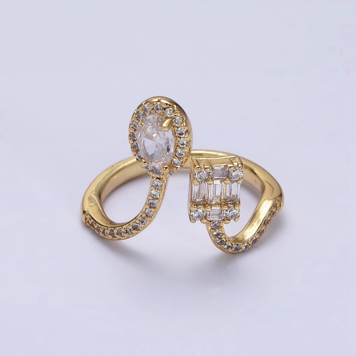 16K Gold Filled Clear Oval Square Baguette Micro Pave CZ Open Ring in Gold & Silver