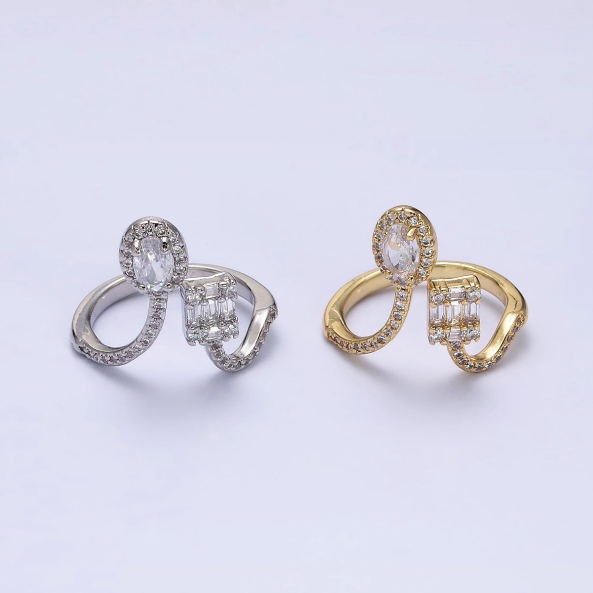 16K Gold Filled Clear Oval Square Baguette Micro Pave CZ Open Ring in Gold & Silver