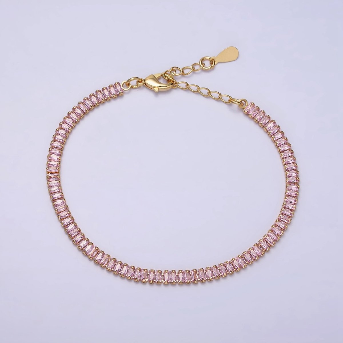 Everyday Gold-Filled Clear, Pink Baguette CZ 3.5mm Tennis Chain 6.5 Inch Stackable Bracelet