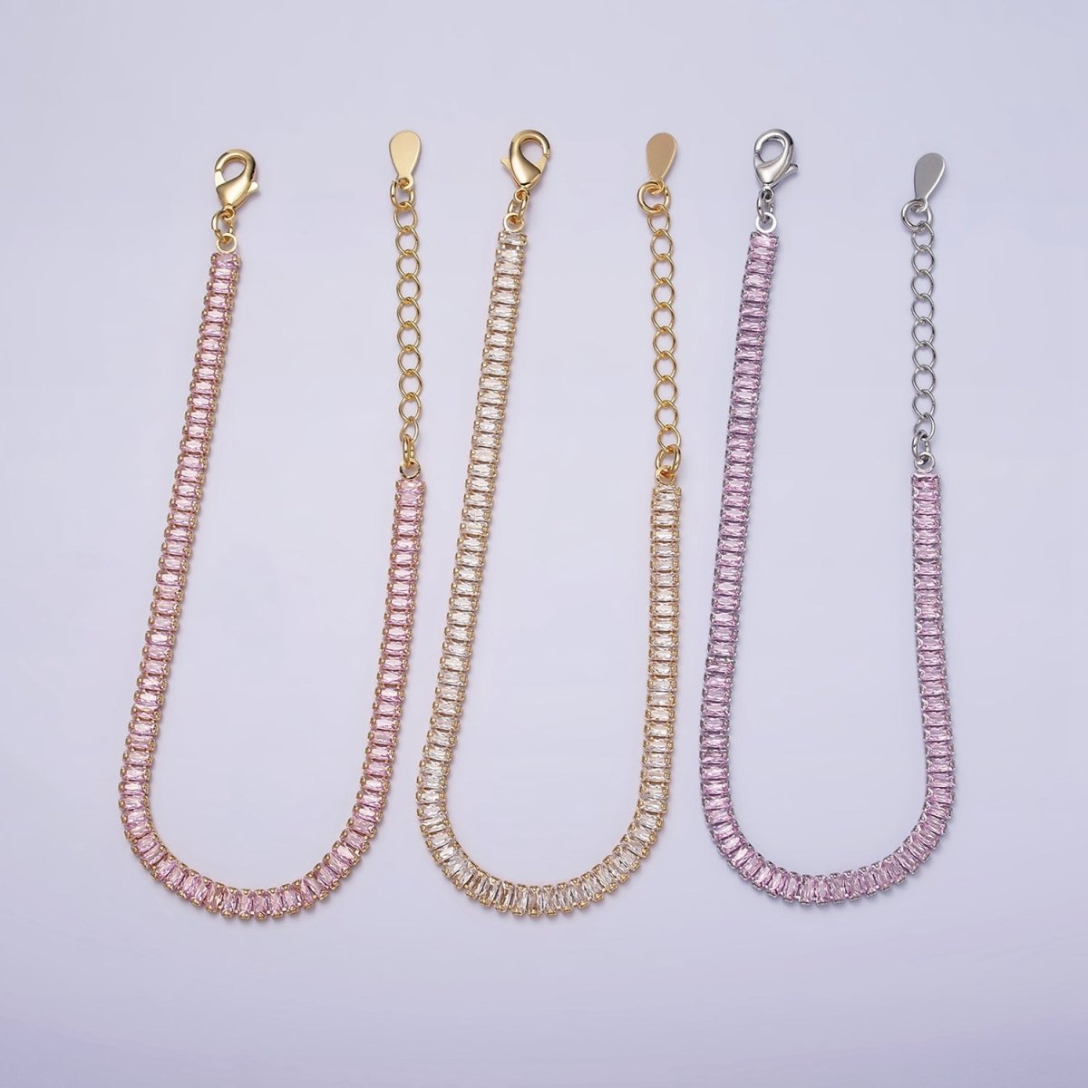Everyday Gold-Filled Clear, Pink Baguette CZ 3.5mm Tennis Chain 6.5 Inch Stackable Bracelet