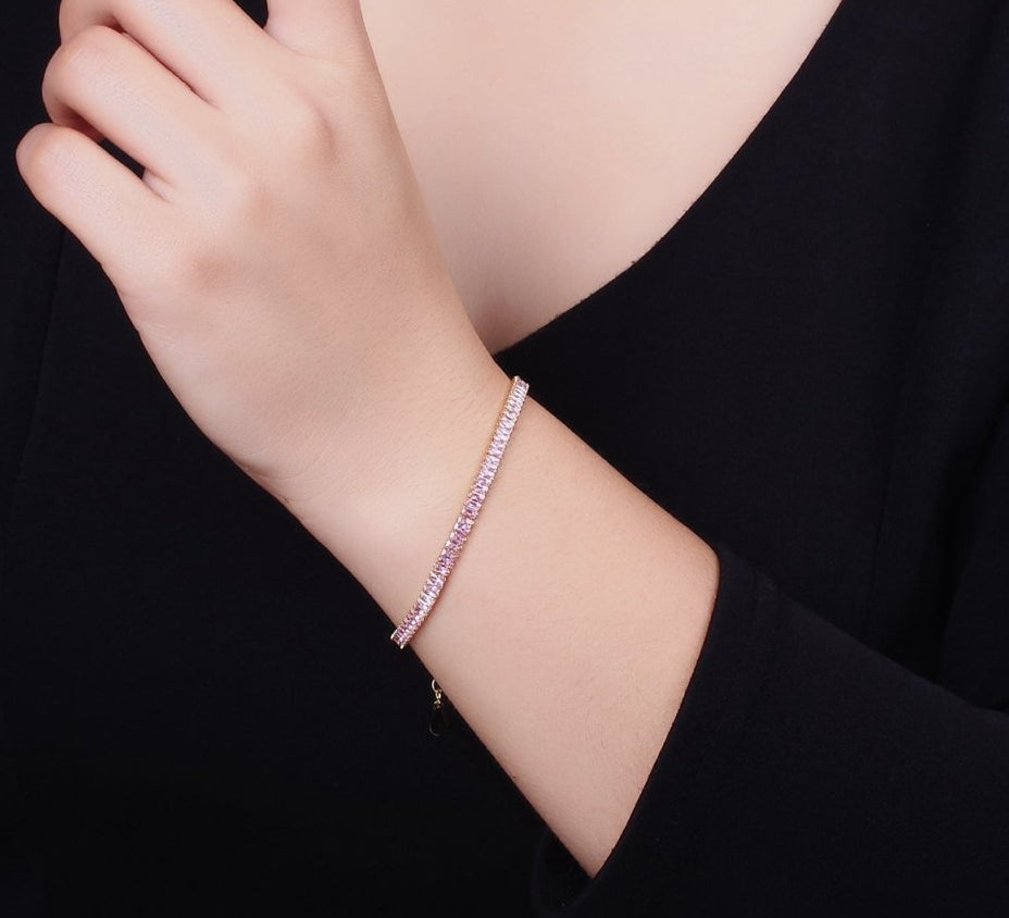 Everyday Gold-Filled Clear, Pink Baguette CZ 3.5mm Tennis Chain 6.5 Inch Stackable Bracelet