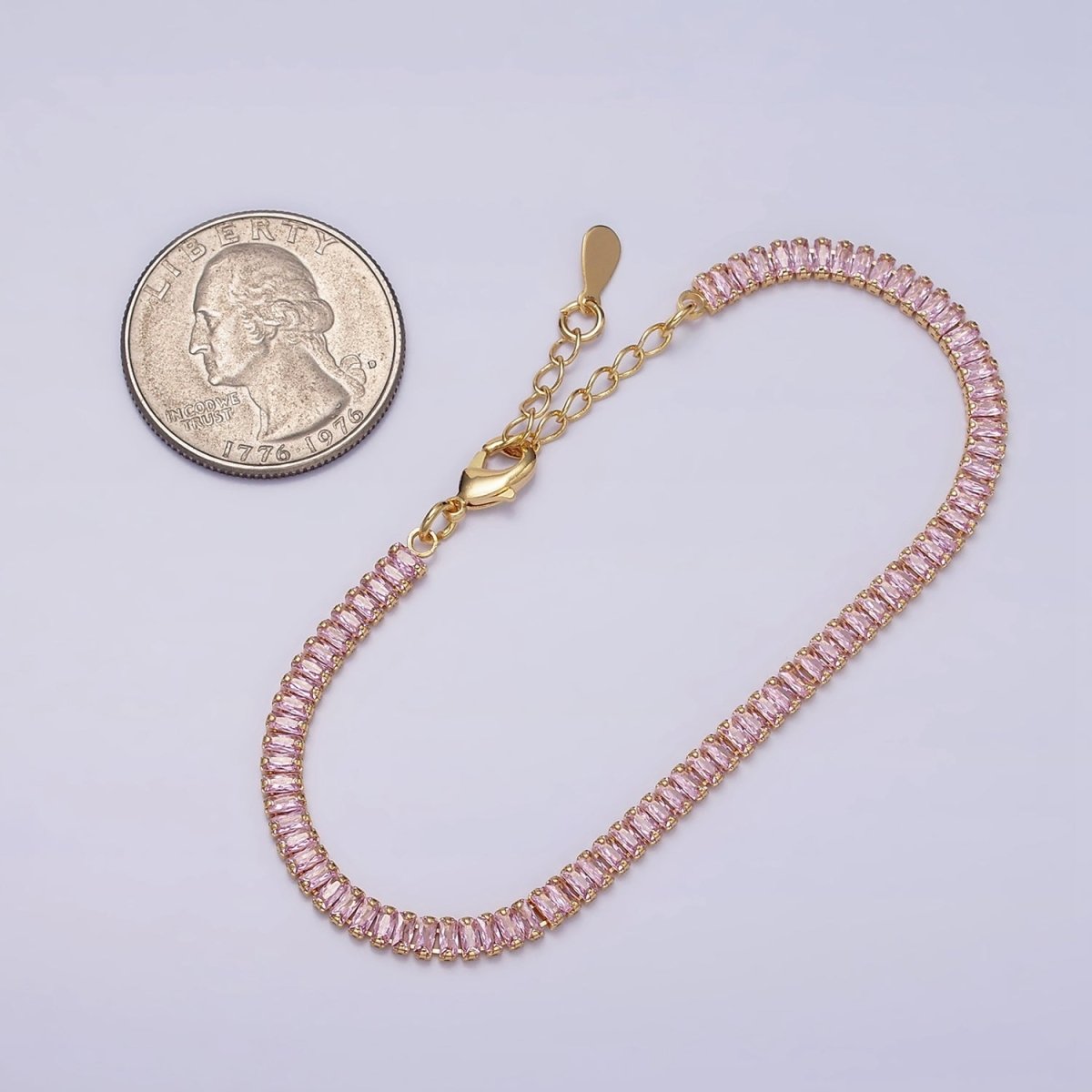 Everyday Gold-Filled Clear, Pink Baguette CZ 3.5mm Tennis Chain 6.5 Inch Stackable Bracelet