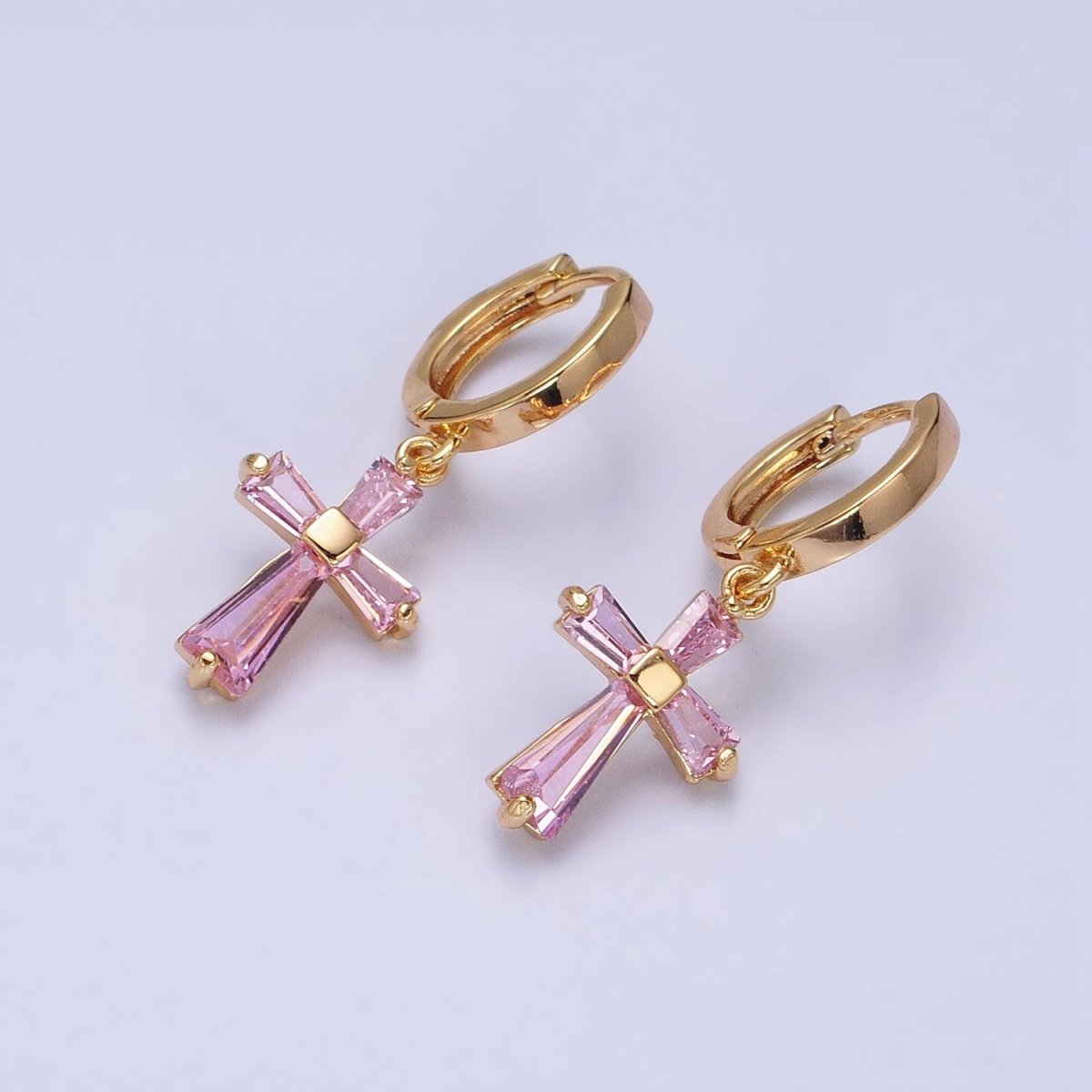 16K Gold Filled Clear or Pink CZ Baguette Religious Latin Cross Drop Huggie Earrings in Gold & Silver