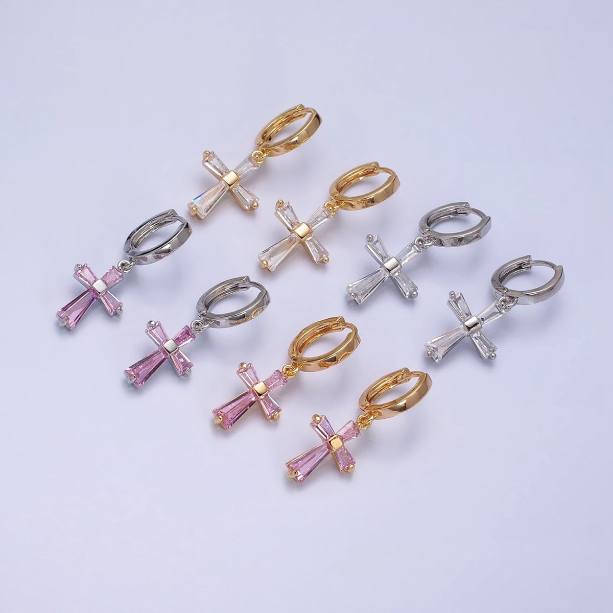 16K Gold Filled Clear or Pink CZ Baguette Religious Latin Cross Drop Huggie Earrings in Gold & Silver