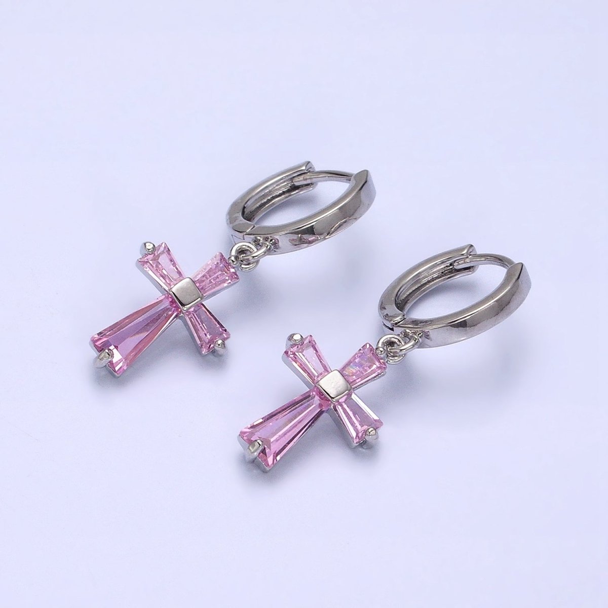 16K Gold Filled Clear or Pink CZ Baguette Religious Latin Cross Drop Huggie Earrings in Gold & Silver