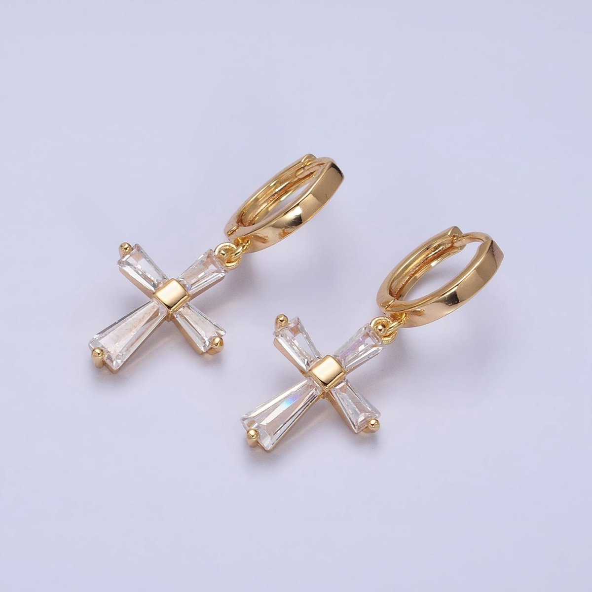 16K Gold Filled Clear or Pink CZ Baguette Religious Latin Cross Drop Huggie Earrings in Gold & Silver
