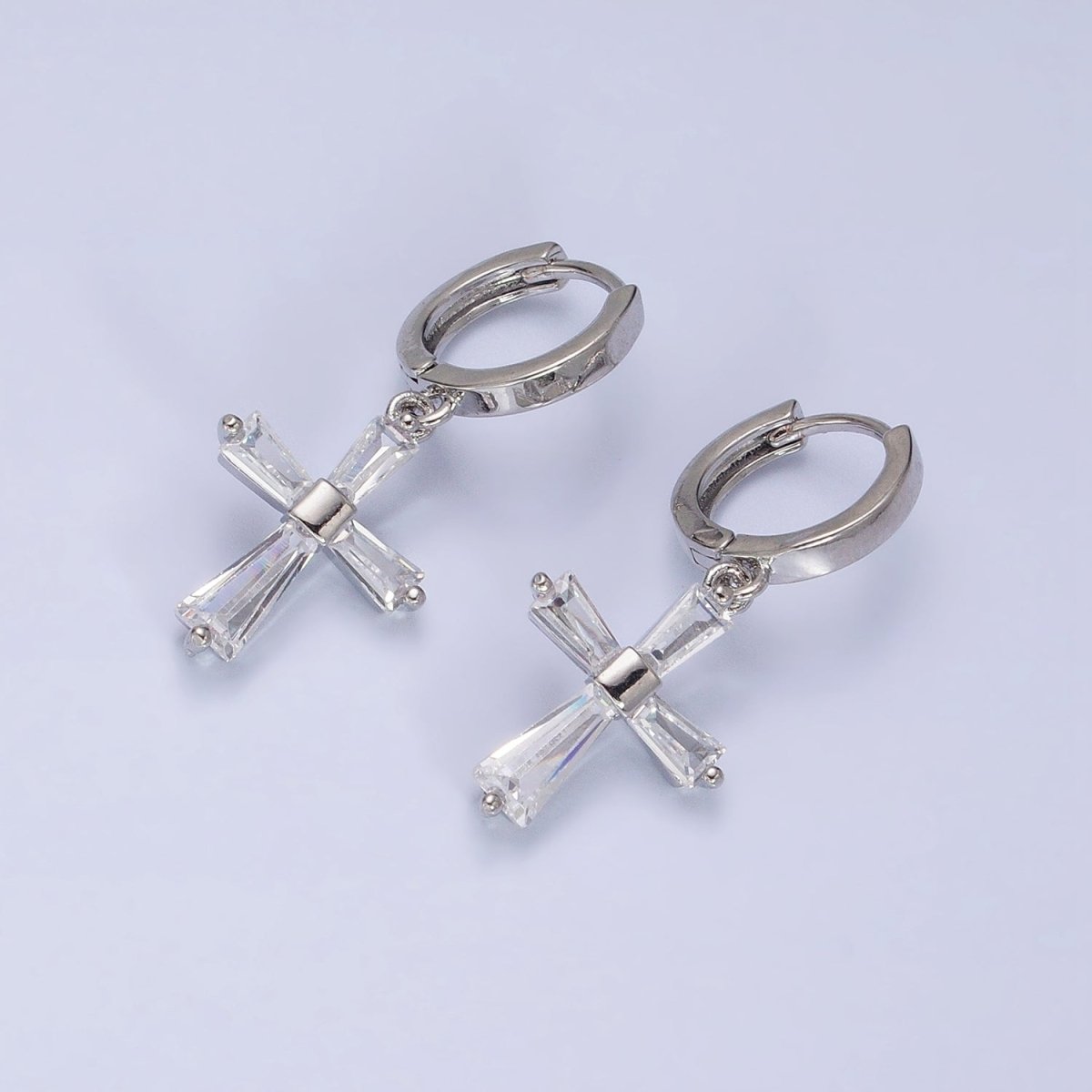 16K Gold Filled Clear or Pink CZ Baguette Religious Latin Cross Drop Huggie Earrings in Gold & Silver