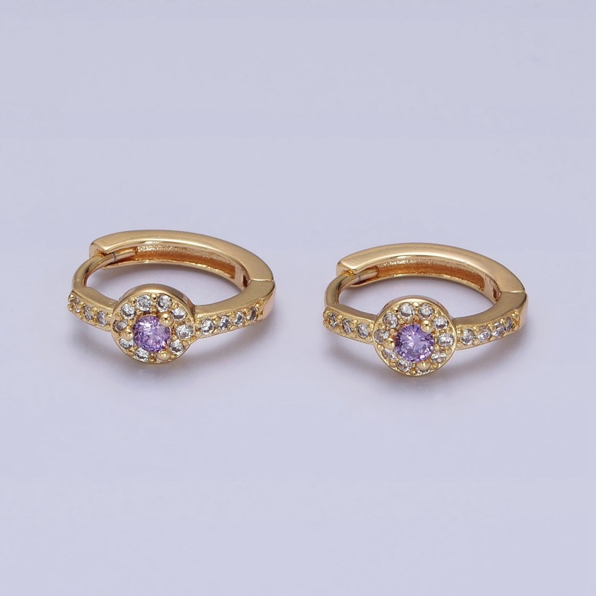 16K Gold Filled Clear, Purple Round CZ Micro Paved 13mm Huggie Earrings in Gold & Silver