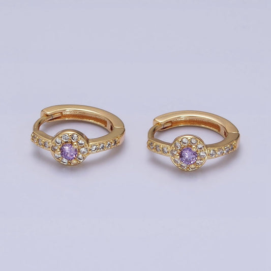 16K Gold Filled Clear, Purple Round CZ Micro Paved 13mm Huggie Earrings in Gold & Silver