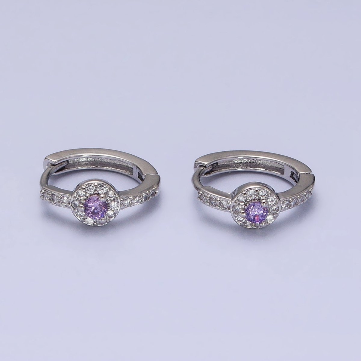 16K Gold Filled Clear, Purple Round CZ Micro Paved 13mm Huggie Earrings in Gold & Silver