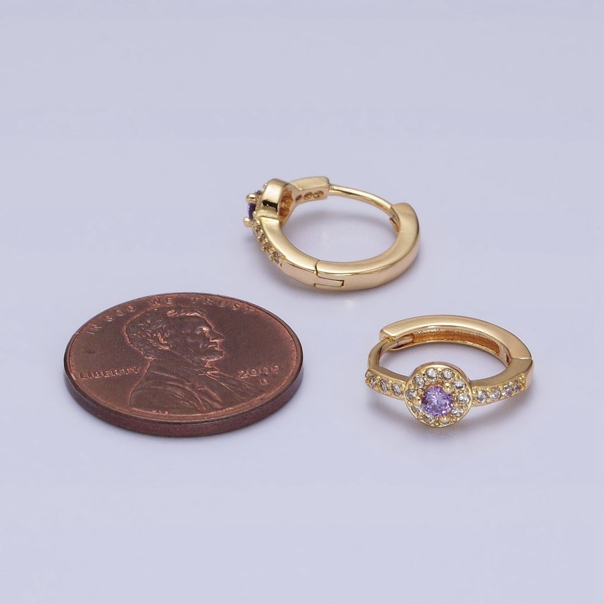 16K Gold Filled Clear, Purple Round CZ Micro Paved 13mm Huggie Earrings in Gold & Silver
