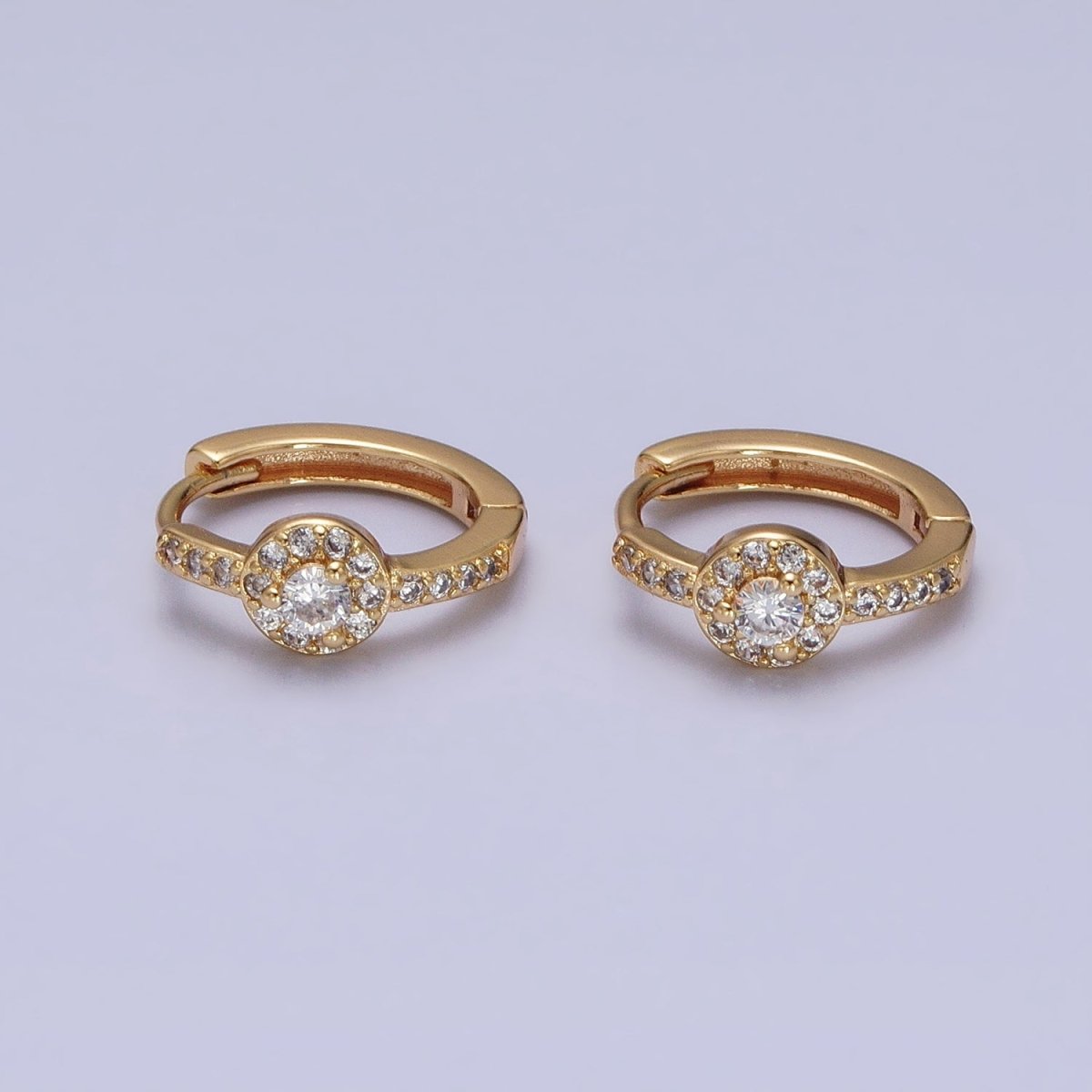 16K Gold Filled Clear, Purple Round CZ Micro Paved 13mm Huggie Earrings in Gold & Silver