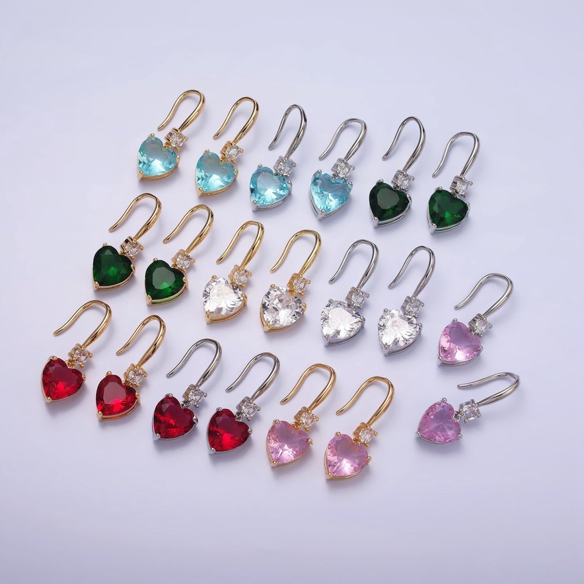 Everyday Gold-Filled Clear, Red, Pink, Green, Blue Heart CZ French Hook Earrings in Gold or Silver