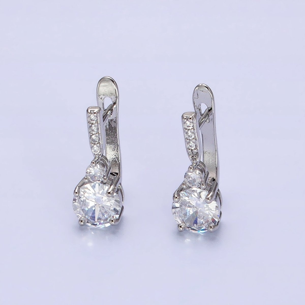 16K Gold Filled Clear Round CZ Micro Paved English Lock Earrings in Silver & Gold