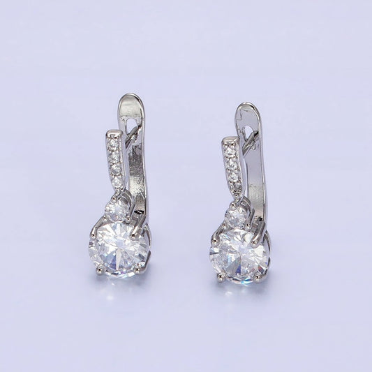 16K Gold Filled Clear Round CZ Micro Paved English Lock Earrings in Silver & Gold