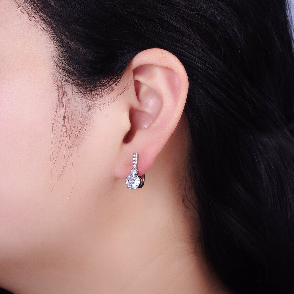 16K Gold Filled Clear Round CZ Micro Paved English Lock Earrings in Silver & Gold