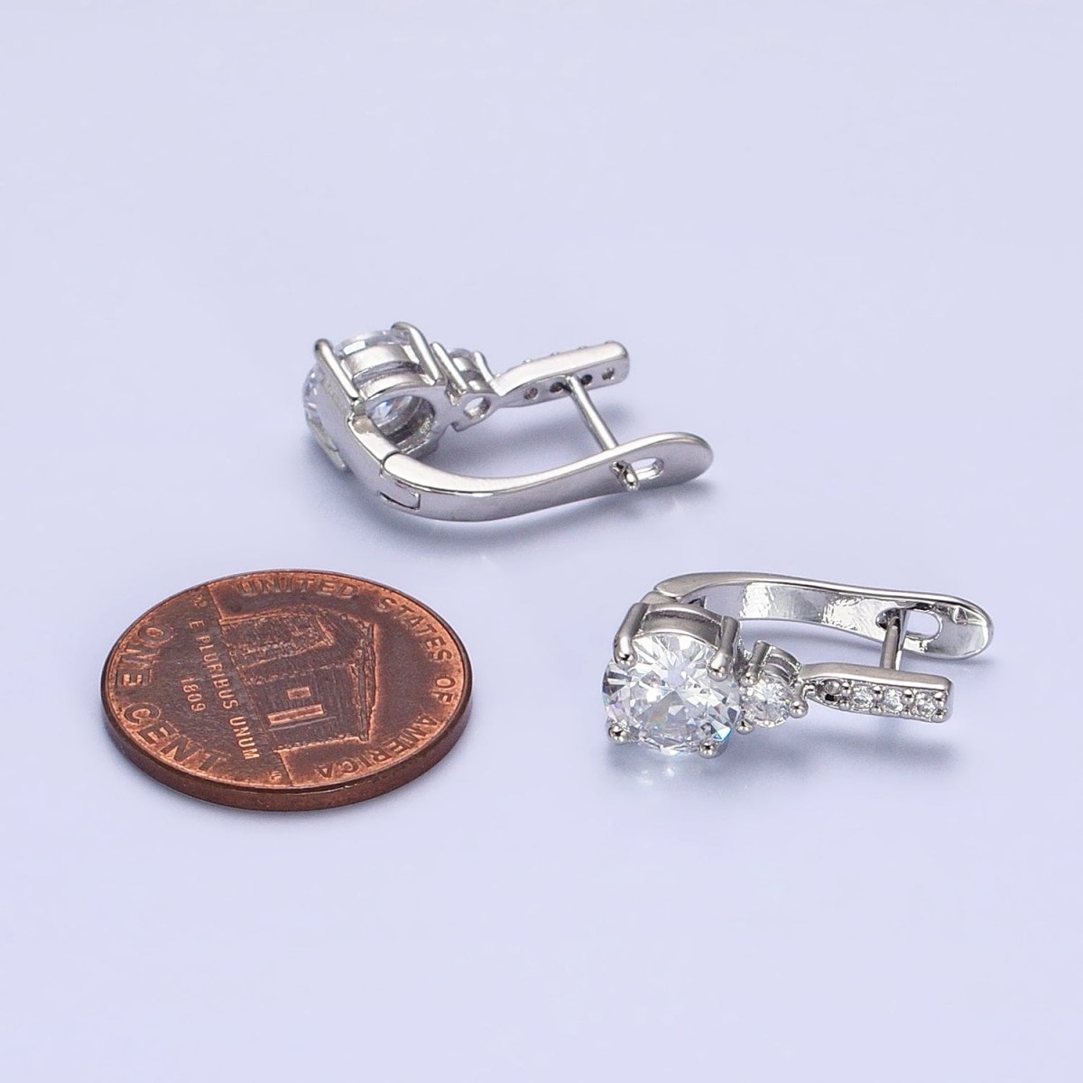 16K Gold Filled Clear Round CZ Micro Paved English Lock Earrings in Silver & Gold