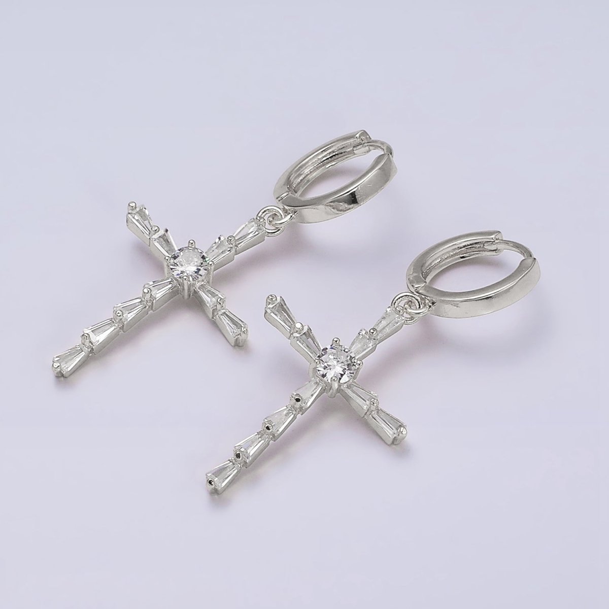 16K Gold Filled Clear Triangle Baguette Lined Religious Cross Drop Huggie Earrings in Silver & Gold