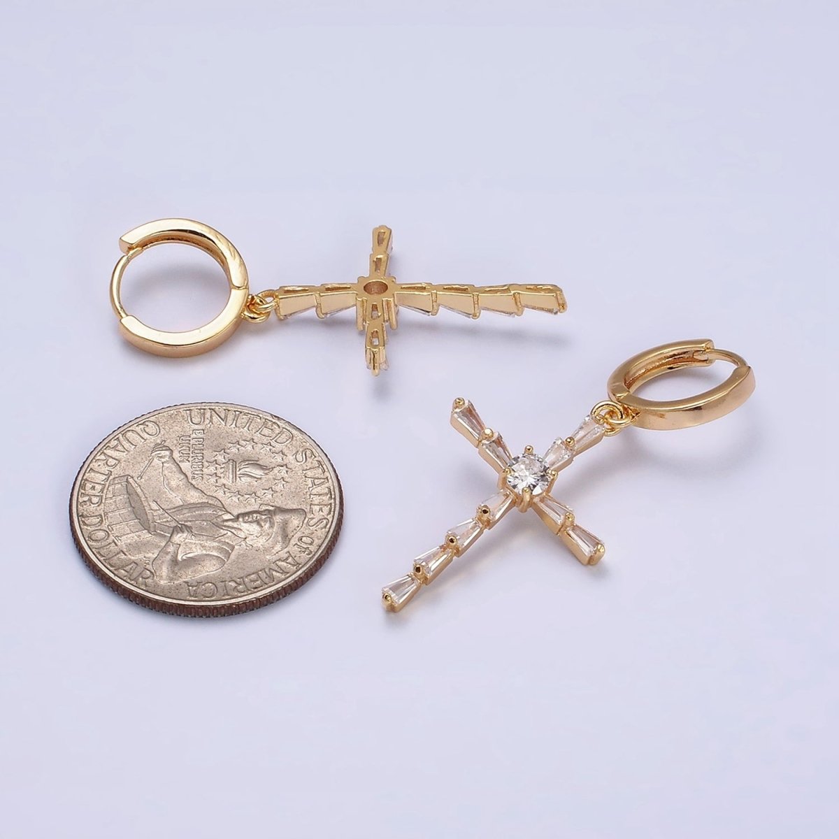 16K Gold Filled Clear Triangle Baguette Lined Religious Cross Drop Huggie Earrings in Silver & Gold