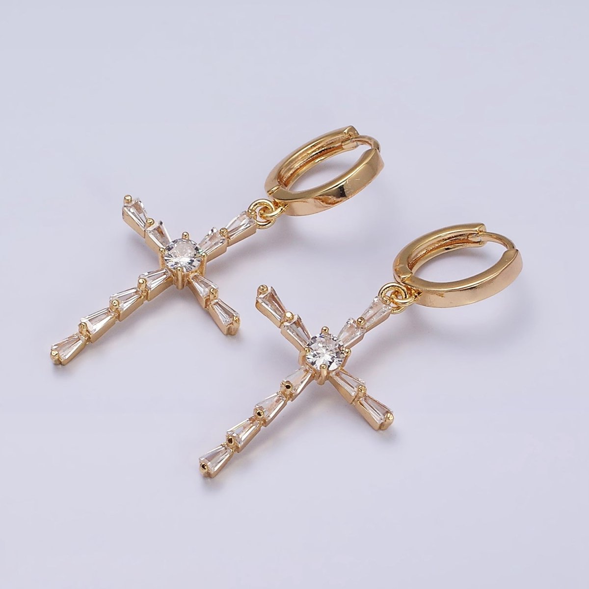 16K Gold Filled Clear Triangle Baguette Lined Religious Cross Drop Huggie Earrings in Silver & Gold