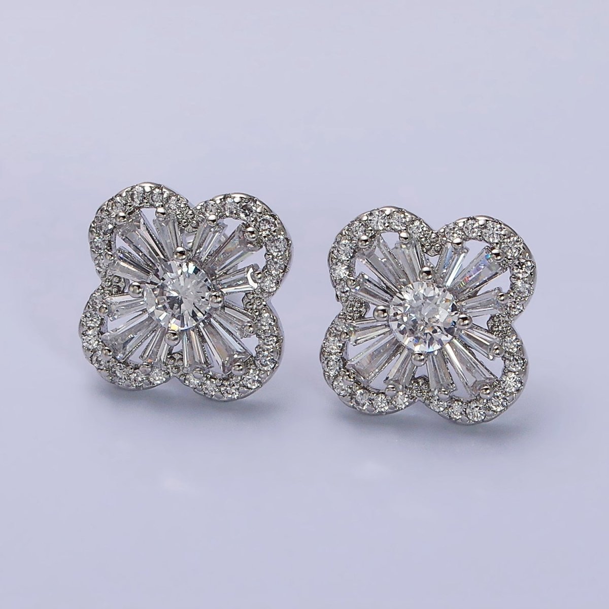 Gorgeous Gold-Filled Clover Quatrefoil Baguette Micro Pave CZ Stud Earrings in Gold or Silver