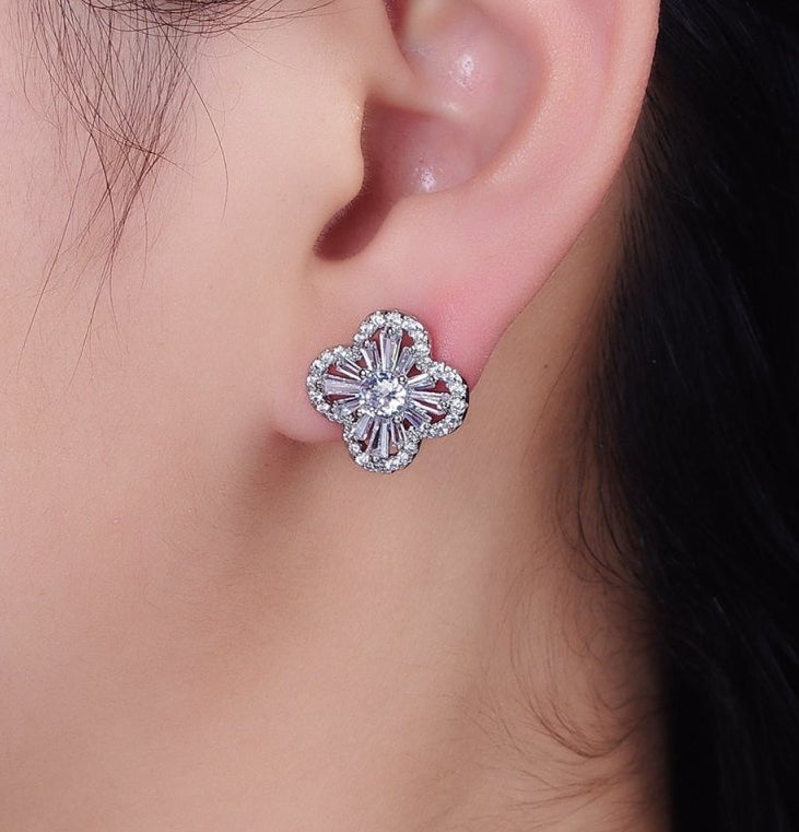 Gorgeous Gold-Filled Clover Quatrefoil Baguette Micro Pave CZ Stud Earrings in Gold or Silver