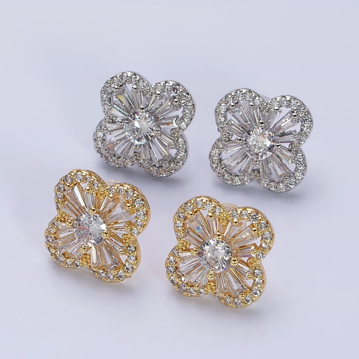 Gorgeous Gold-Filled Clover Quatrefoil Baguette Micro Pave CZ Stud Earrings in Gold or Silver
