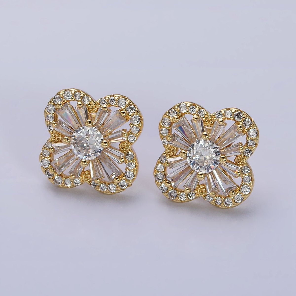 Gorgeous Gold-Filled Clover Quatrefoil Baguette Micro Pave CZ Stud Earrings in Gold or Silver