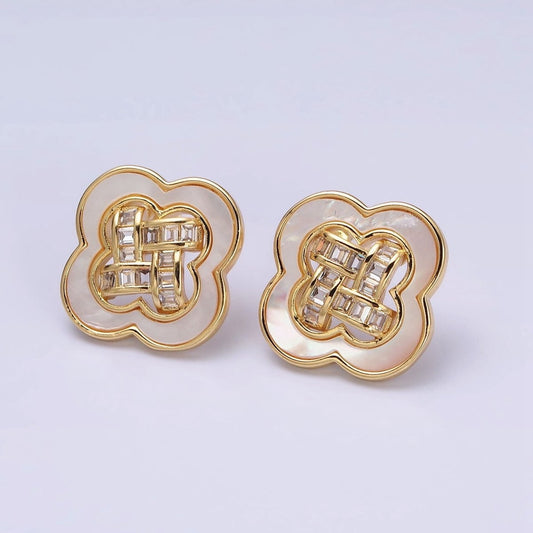 16K Gold Filled Clover Quatrefoil Shell Pearl Baguette Open Stud Earrings in Gold or Silver