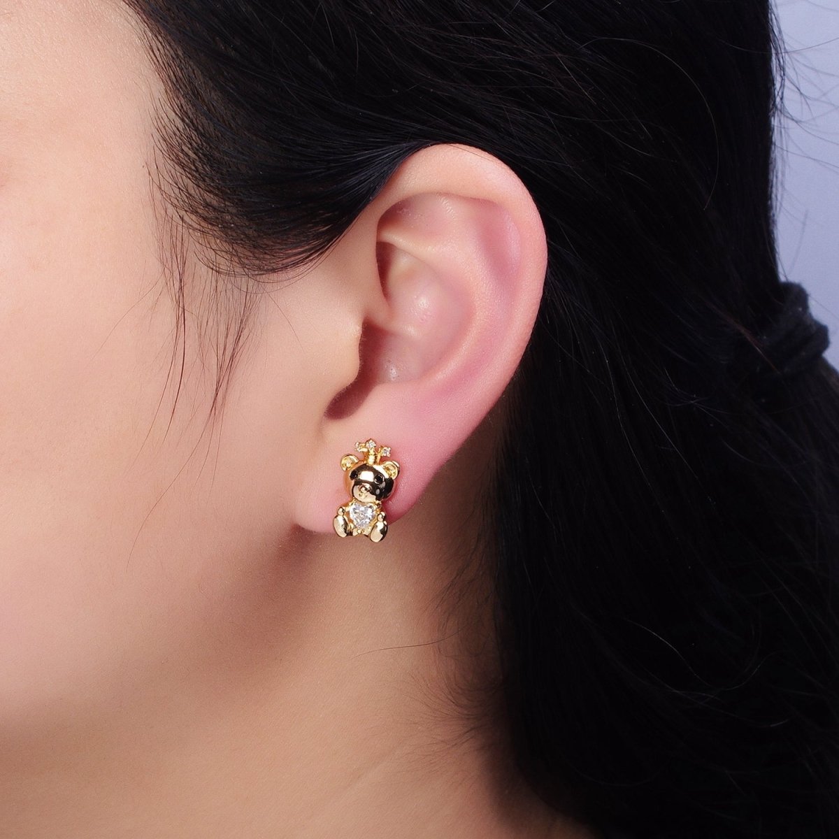 16K Gold Filled Crowned King Teddy Bear Clear CZ Heart Stud Earrings in Silver & Gold