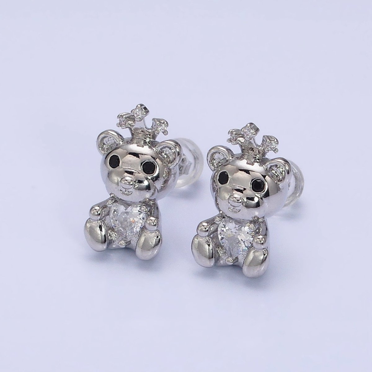 16K Gold Filled Crowned King Teddy Bear Clear CZ Heart Stud Earrings in Silver & Gold
