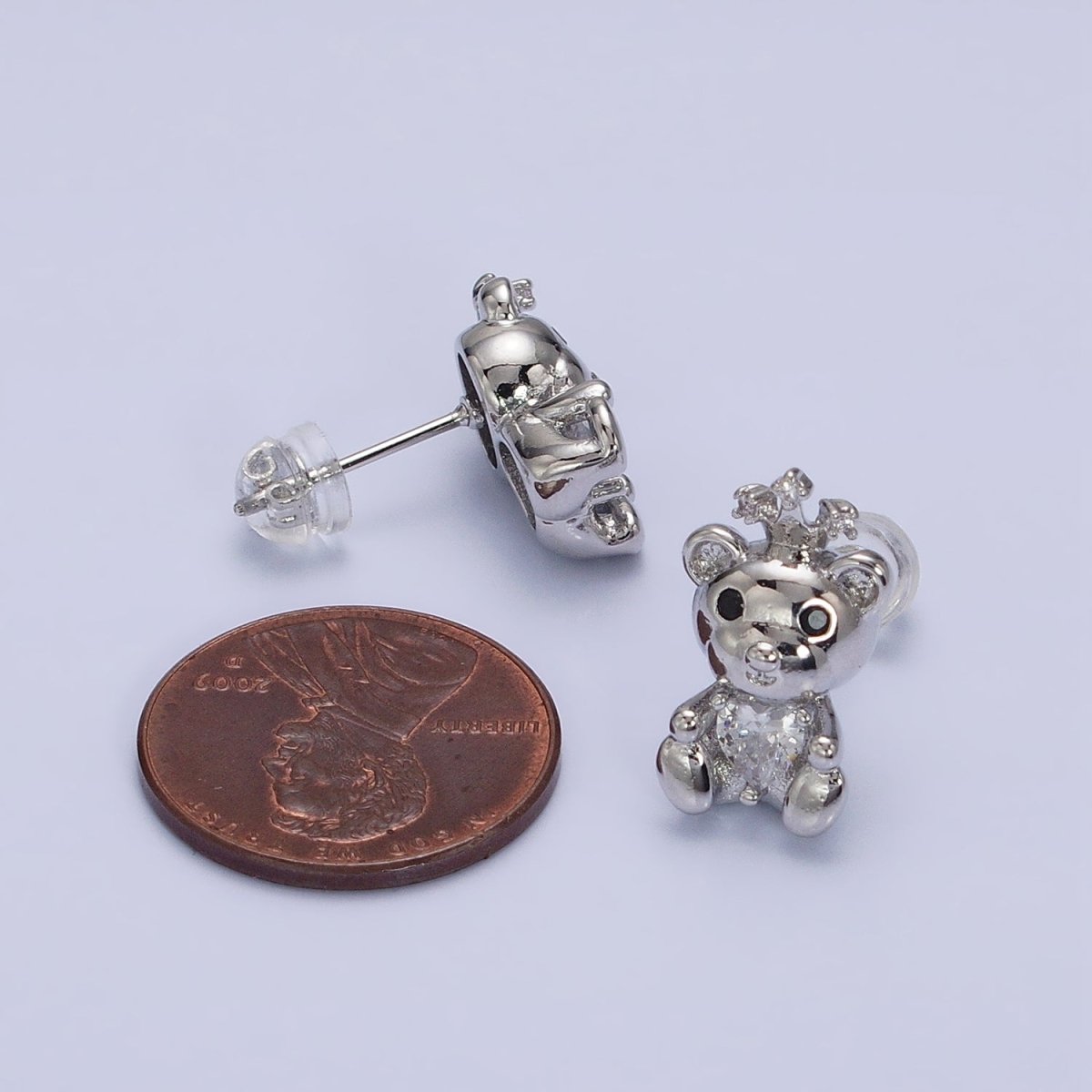 16K Gold Filled Crowned King Teddy Bear Clear CZ Heart Stud Earrings in Silver & Gold