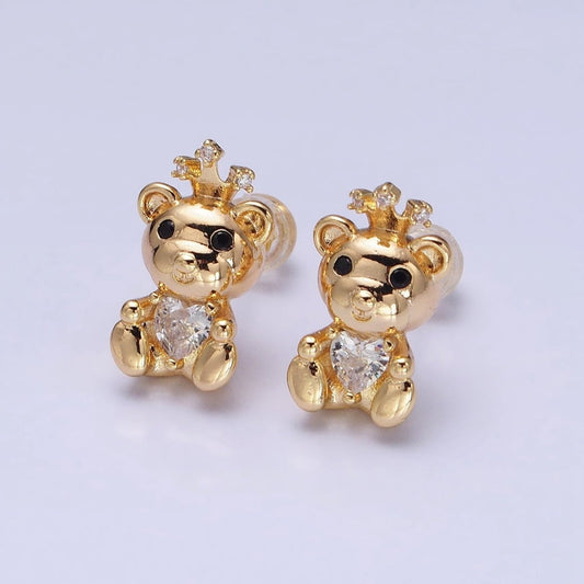 16K Gold Filled Crowned King Teddy Bear Clear CZ Heart Stud Earrings in Silver & Gold