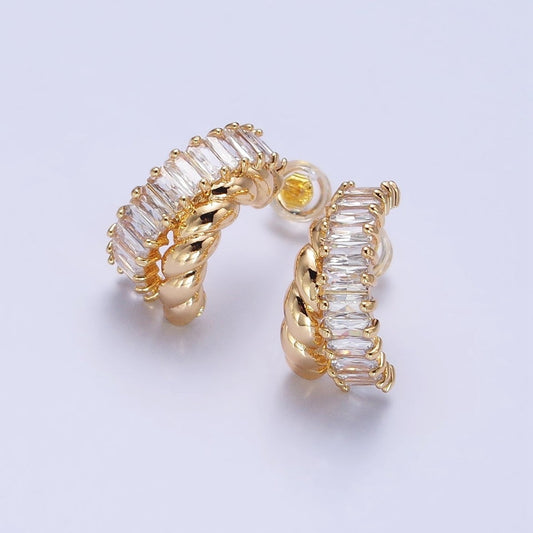 Beautiful 16K Gold Filled CZ Clear Baguette Croissant Double Band C-Shaped Hoop Earrings