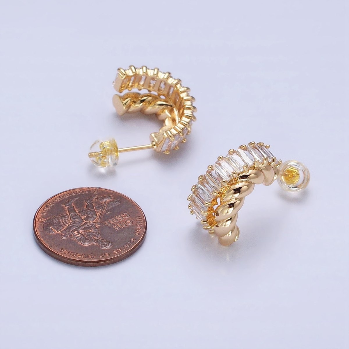 Beautiful 16K Gold Filled CZ Clear Baguette Croissant Double Band C-Shaped Hoop Earrings