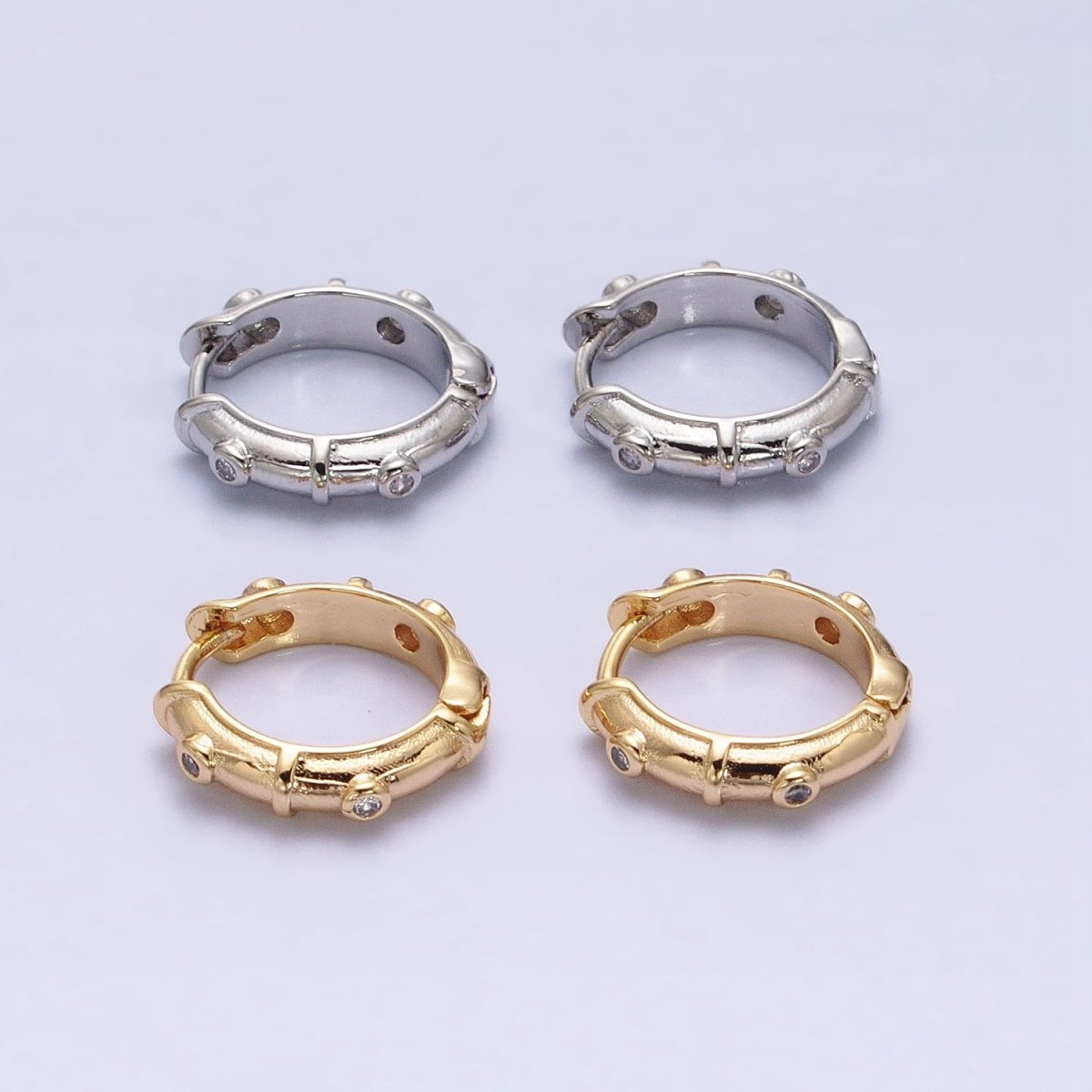 16K Gold Filled CZ Dotted 15mm Huggie Hoop Earrings in Gold & Silver